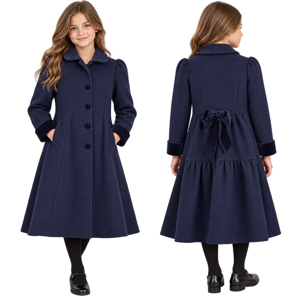 VINTAGE Rothschild Girls 14 Navy Wool Blend Long Coat Velvet Bow Union USA ILGWU